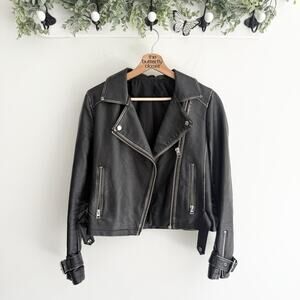 Topshop Washed Wolf Zipper Moto Jacket Black Collared Size US 4